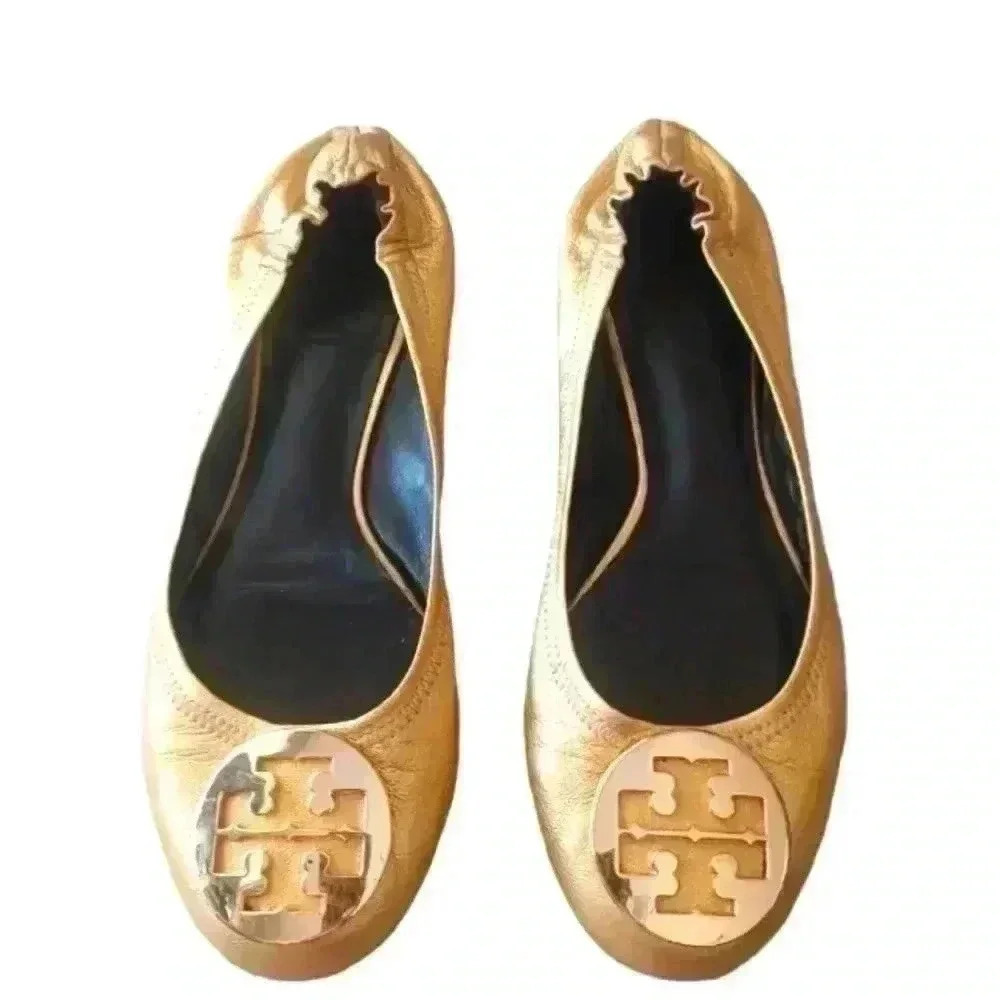 Tory Burch Womens Reva Metallic Gold Leather Ballerina RARE Statement Flats 9.5